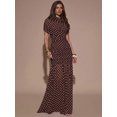 thumbnail image 1 of Coffee Brown Polka Dot Ruched Maxi Dress With Short Sleeve And High Neck, 1 of 30