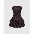 thumbnail image 1 of Coffee Brown Polka Dot Strapless Bodycon Mini Dress With Ruched Waist And Tiered Ruffle Hem, 1 of 5