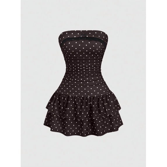 Coffee Brown Polka Dot Strapless Bodycon Mini Dress With Ruched Waist And Tiered Ruffle Hem