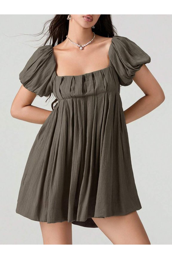 Coffee Brown Puff Sleeve Square Neck Ruched Bodice Flowy A-Line Mini Sundress