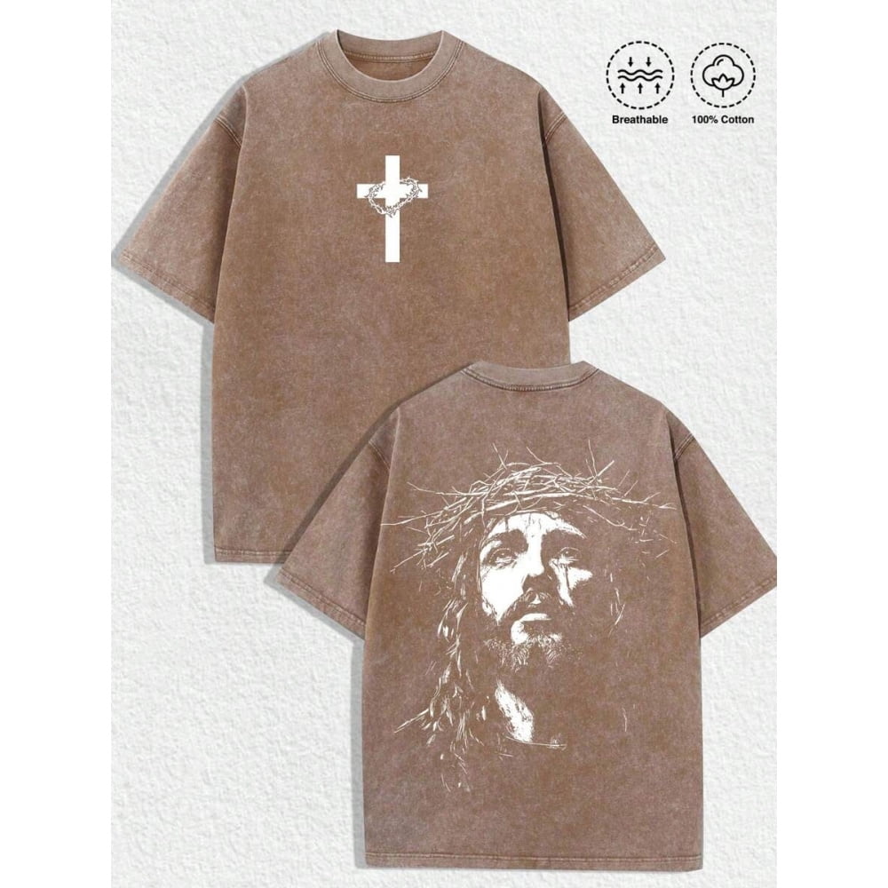 Coffee Brown Religious Graphic Tee: Distressed Vintage Jesus With Crown ...