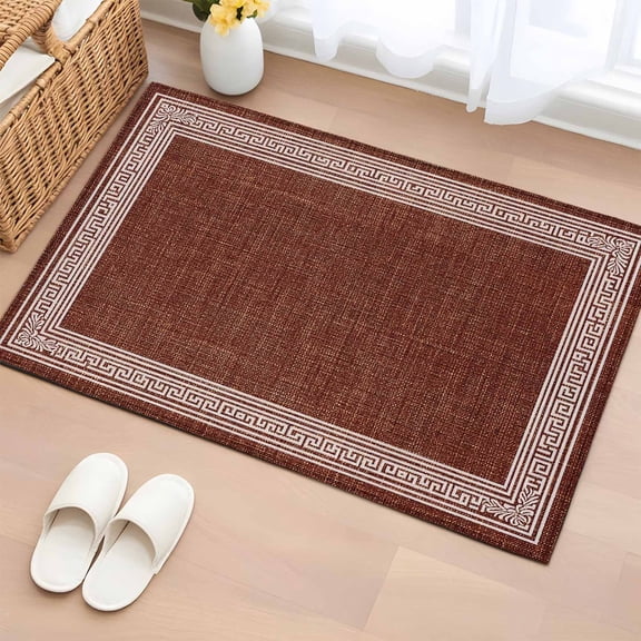 Coffee Brown Retro Greek Key Bathroom Rug Washable 2x3 Entryway Rug Non Slip Geometric Greece Ancient Farmhouse Front Door Mat Low Pile Indoor Doormat Throw Floor Carpet for Kitchen Bedroom Entrance