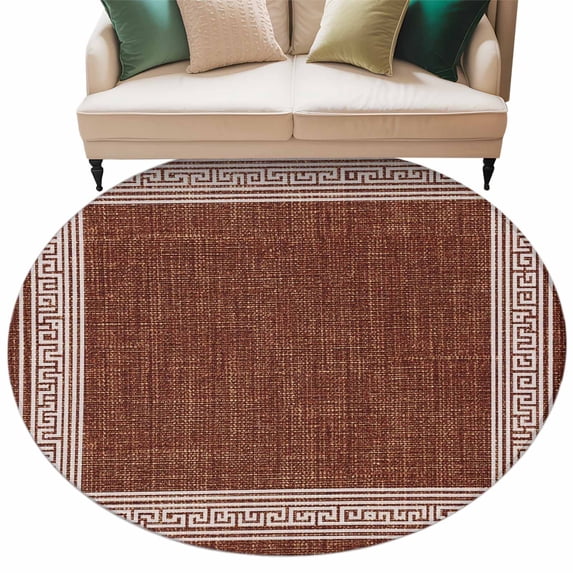 Coffee Brown Retro Greek Key Large Area Rugs for Bedroom Living Room, Soft Non Slip Carpet Bedside Rug, Geometric Greece Ancient Farmhouse Round Floor Cover Kitchen Accent Rug 6' for Office