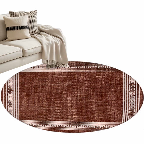 Coffee Brown Retro Greek Key Large Area Rugs for Bedroom Living Room, Soft Non Slip Carpet Bedside Rug, Geometric Greece Ancient Farmhouse Round Floor Cover Kitchen Accent Rug 3' for Office