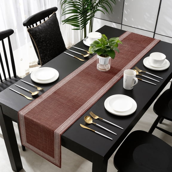 Coffee Brown Retro Greek Key Table Runner 36 Inches Small,Geometric Greece Ancient Farmhouse Kitchen Dining Burlap Linen Tablerunner for Small/Round/Square/Wedding/Coffee/Dining Table Décor 13 x 36