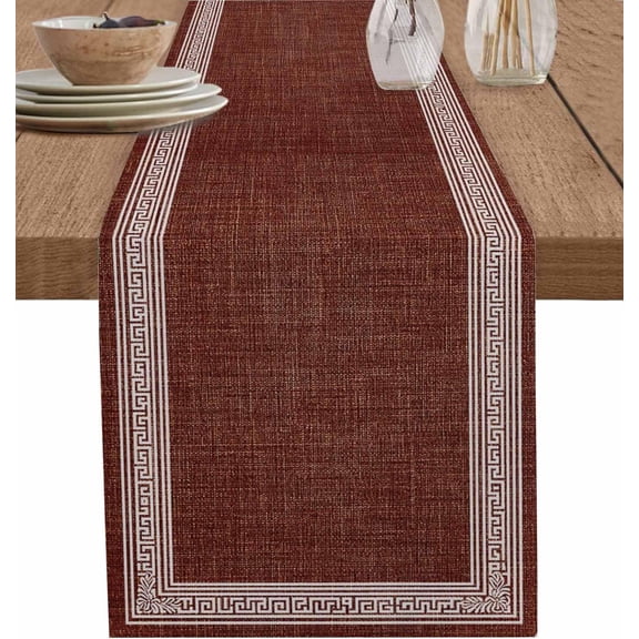 Coffee Brown Retro Greek Key Table Runners 120 Inches Long, Cotton Linen Fabric Table Runner Dresser Scarf,Geometric Greece Ancient Meander Fret Tablerunner for Party/Kitchen/Dinner 13x120