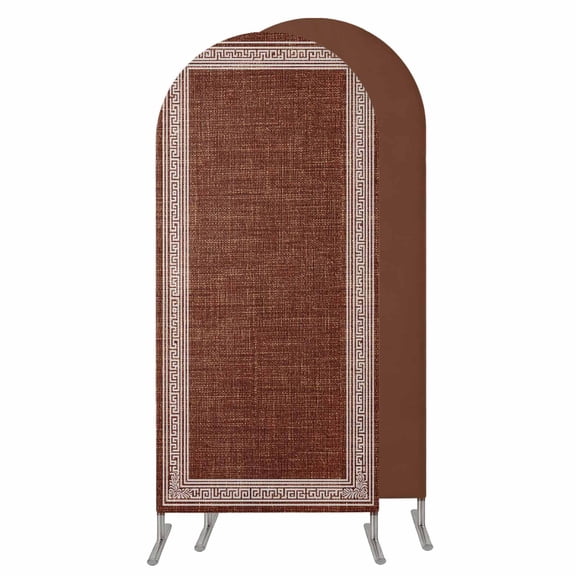 Coffee Brown Retro Greek Key Wedding Arch Cover,Stretchy Spandex Arch Backdrop Stand Covers 5 FT,Geometric Greece Ancient Farmhouse Round Top Arched Backdrop Cover for Birthday Party Baby Shower