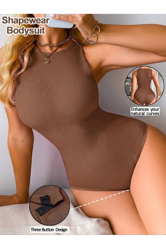 Coffee Brown Ribbed Crew Neck Sleeveless Shapewear Bodysuit With Three-Button Crotch Closure