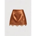thumbnail image 1 of Coffee Brown Satin Mini Skirt With Intricate Lace Trim, A-Line Elegant Design For Women, 1 of 4