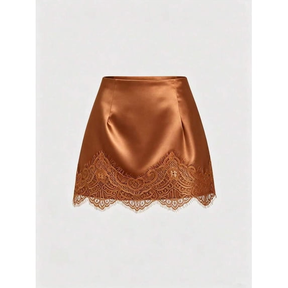 Coffee Brown Satin Mini Skirt With Intricate Lace Trim, A-Line Elegant Design For Women