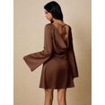 thumbnail image 1 of Coffee Brown Satin Short Dress With Open Back Tie Detail And Flared Sleeves, 1 of 7