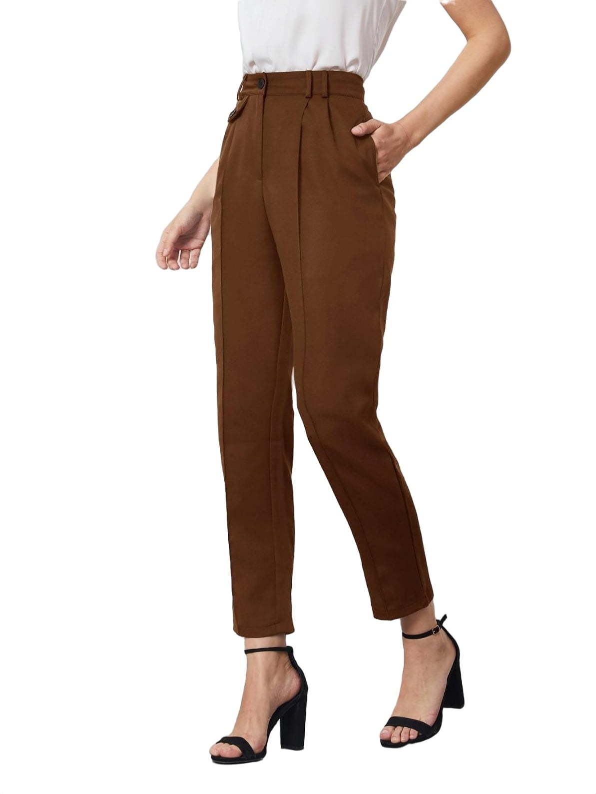 Coffee Brown Solid Pocket High Waist Women's Suit Pants