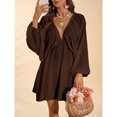thumbnail image 1 of Coffee Brown Solid Woven Loose V-Neck Long Sleeve Mini Bohemian Dress For Women, Spring Summer Vacation Style, 1 of 7