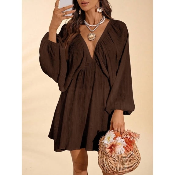 Coffee Brown Solid Woven Loose V-Neck Long Sleeve Mini Bohemian Dress For Women, Spring Summer Vacation Style