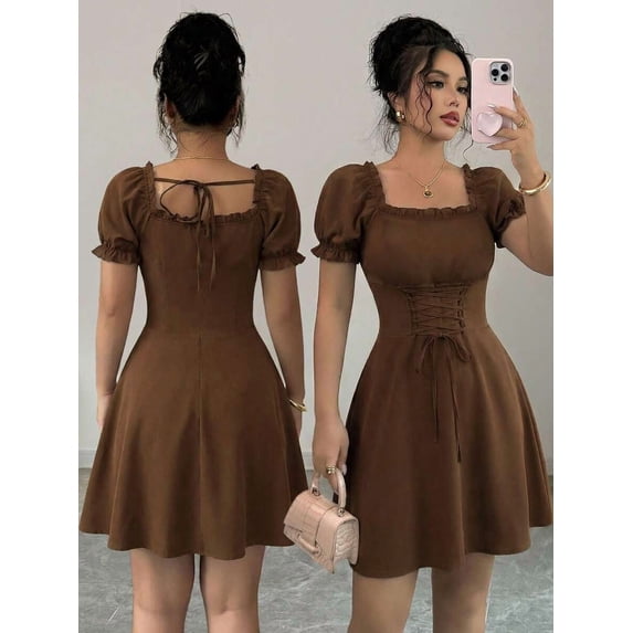 Coffee Brown Square Neck Puff Sleeve Mini Dress With Corset Waist Tie And Flared Hem
