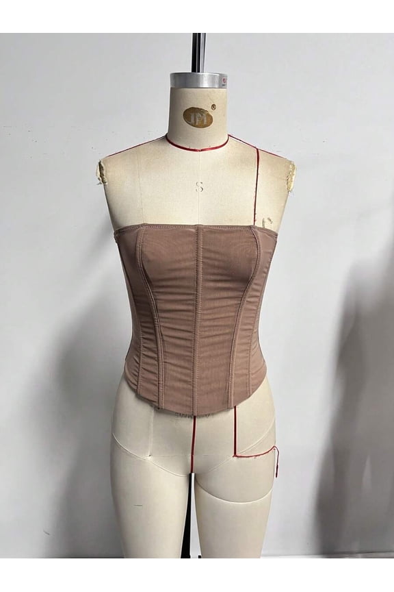 Coffee Brown Strapless Elastic Mesh Corset Bustier With Steel Boning