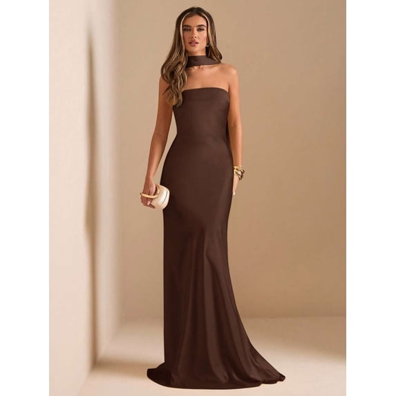 Coffee Brown Strapless High-Neck Mermaid Maxi Dress For Formal Party Cocktail Wedding Bridesmaid