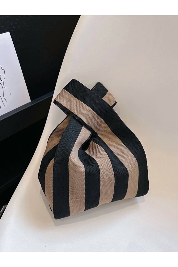 Coffee Brown Striped Knot-Handle Tote Bag, Polyester Woven, One Piece