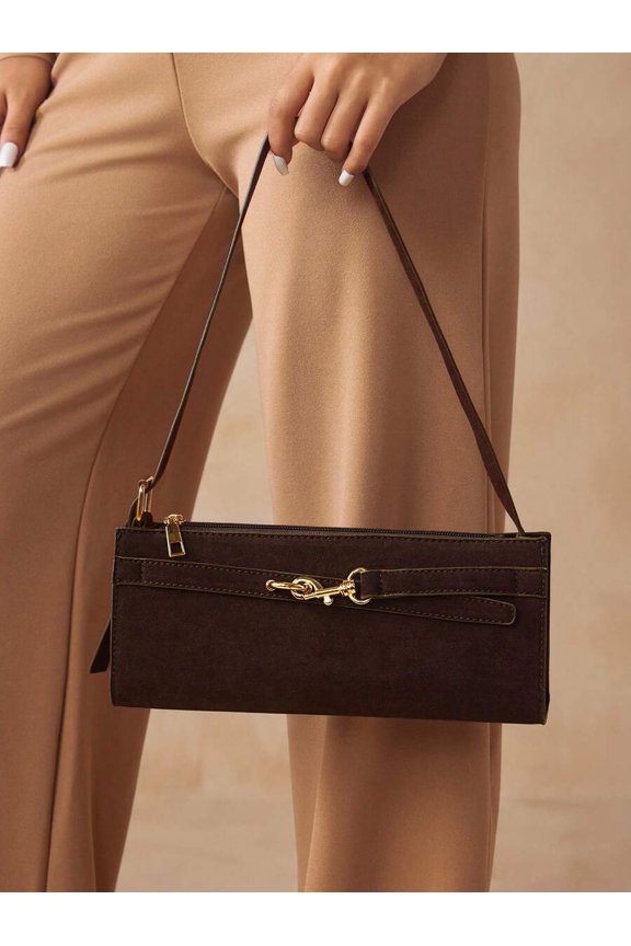 Coffee Brown Suede Shoulder Bag With Gold-Tone Hardware