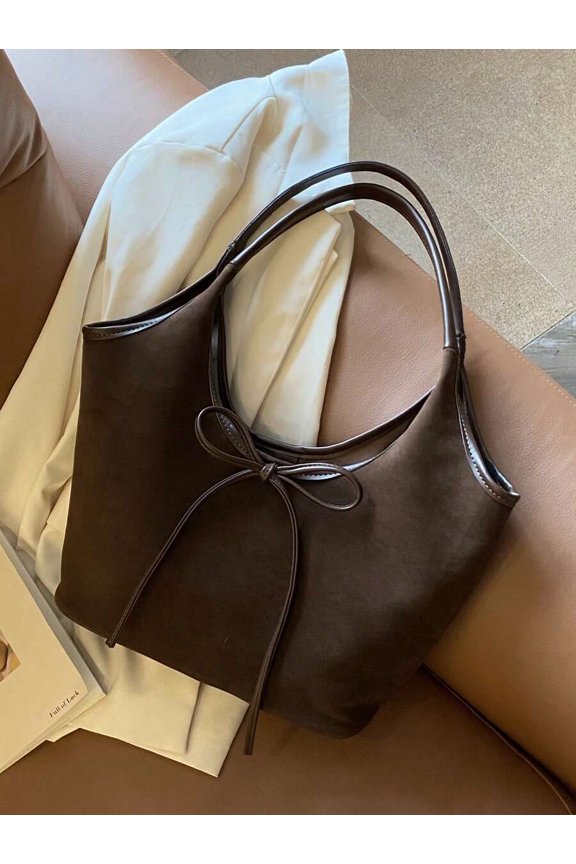 Coffee Brown Suede Tote Bag With Bowknot Detail, Over-The-Shoulder