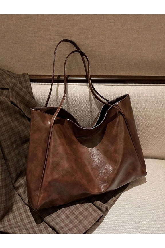 Coffee Brown Vintage Leather Tote Bag For Women, Oversized Shoulder Handbag
