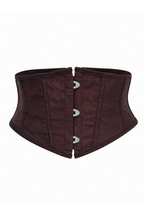 Coffee Brown Waist Trainer Corset Belt With Front Snap Closure And Floral Embroidery