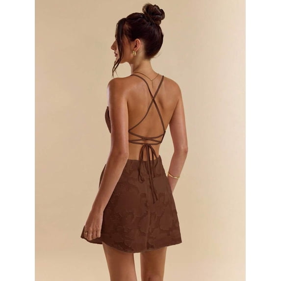 Coffee Brown Womens Backless Mini Dress With Cross-Back Tie Straps, Textured A-Line Fit For Party Or Date Night