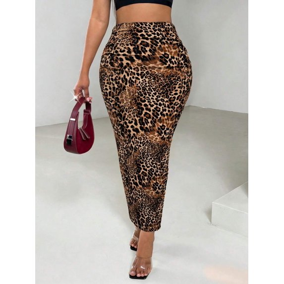 Coffee Brown Womens Leopard Print High Waist Fitted Skirt Fall Cloth For