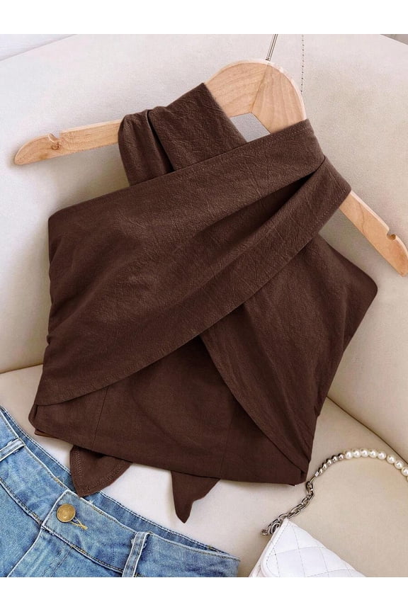 Coffee Brown Womens Solid Cropped Criss-Cross Halter Top, Rave-Ready Style