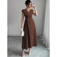 thumbnail image 1 of Coffee Brown Womens V-Neck Ruched Waist Pleated Maxi Dress With Drop Shoulder Sleeve, 1 of 6