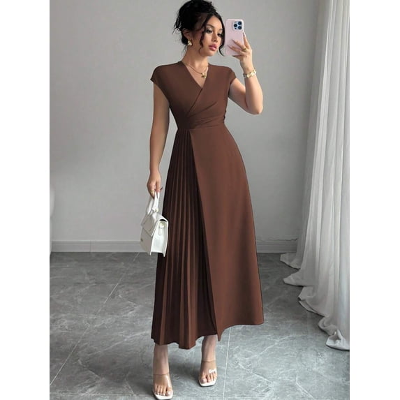 Coffee Brown Womens V-Neck Ruched Waist Pleated Maxi Dress With Drop Shoulder Sleeve