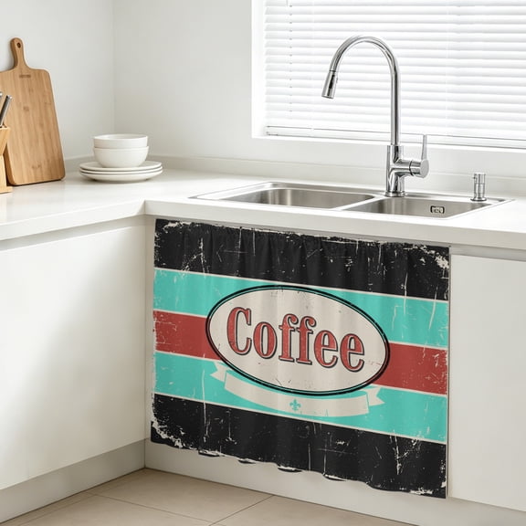 Coffee Cabinet Curtains for Kitchen 10"W x 11"L, Shabby Chic Blue Red Stripes Letter Print Casual Vintage Under Sink Skirt Magic Tape Short Curtain Decorative Privacy Panel for Bathroom Laundry