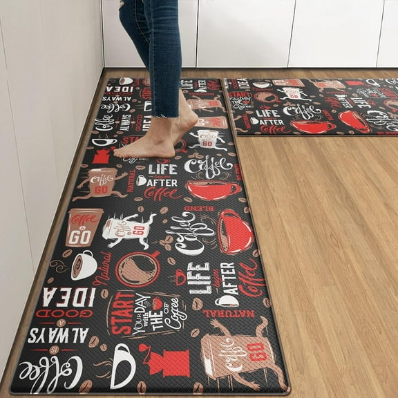Coffee Cafe Vintage Anti-Fatigue Kitchen Rug Set of 2 Red Black Retro Farmhouse Cushioned Kitchen Floor Standing Mat Waterproof Non-Slip Kitchen Mat and Rugs PVC Ergonomic Comfort Foam Rug