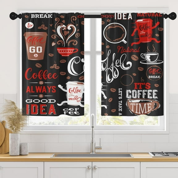 Coffee Cafe Vintage Kitchen Curtains 36 Inch Length Retro Window Curtains Over Sink Set of 2, Cup Go Cartoon Funny Short Tier Curtain for Kitchen, Farmhouse Small Kitchen Decor 26x36 Inch