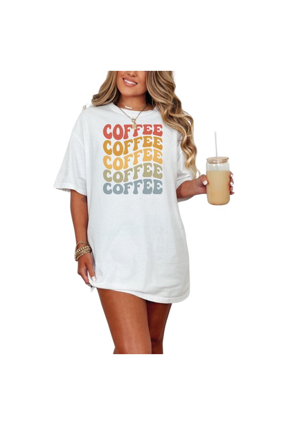 Coffee, Caffeine Lover Themed, Groovy Retro Wavy Text, White Comfort Colors T-Shirt, Small