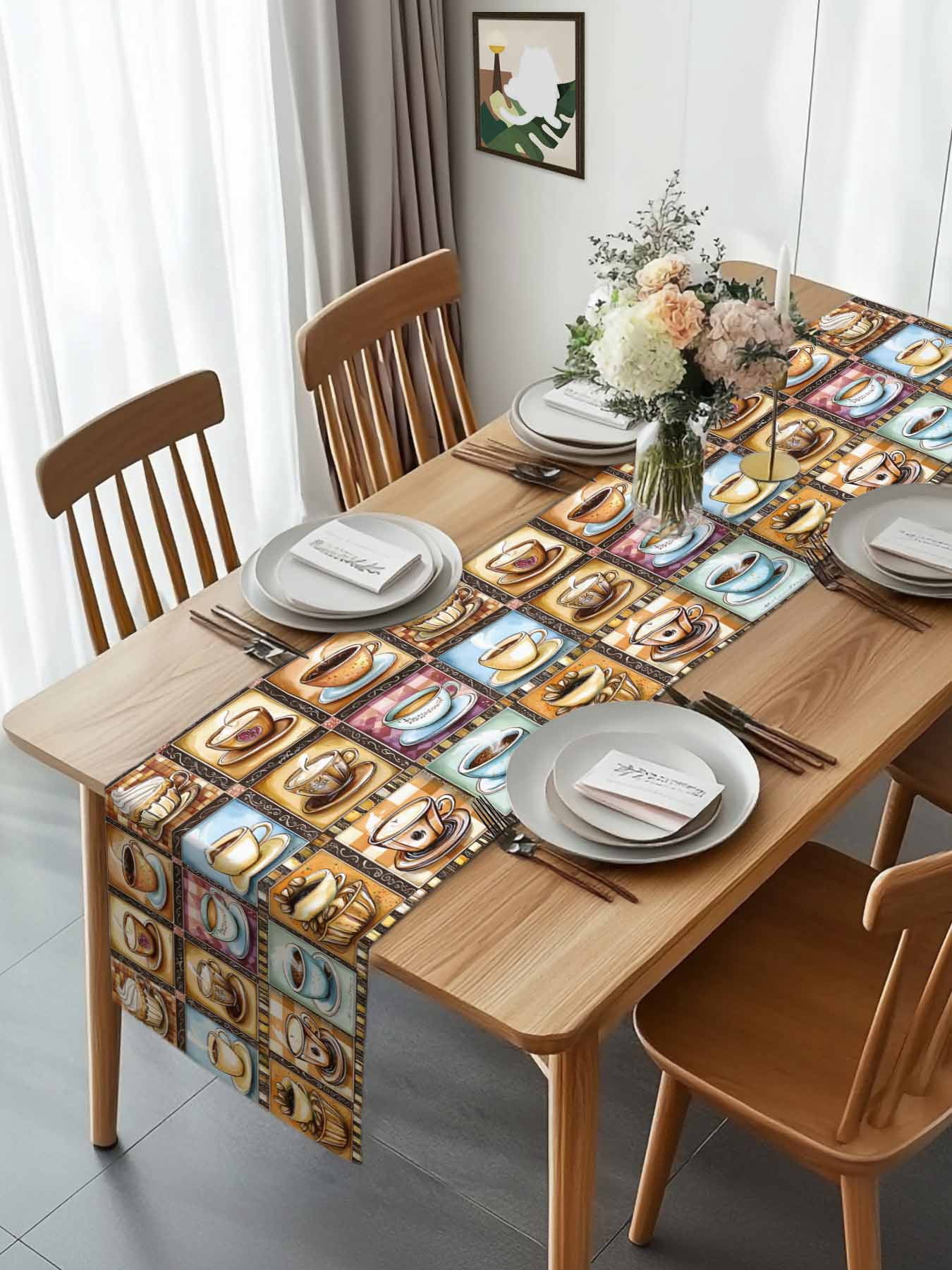 Coffee Cake Dessert Food Table Runner 90 Inches Long, Retro Collage Art Table Runners Tabletop Scarf Kitchen Dining Tables Decoration for Home Party Indoor Outdoor