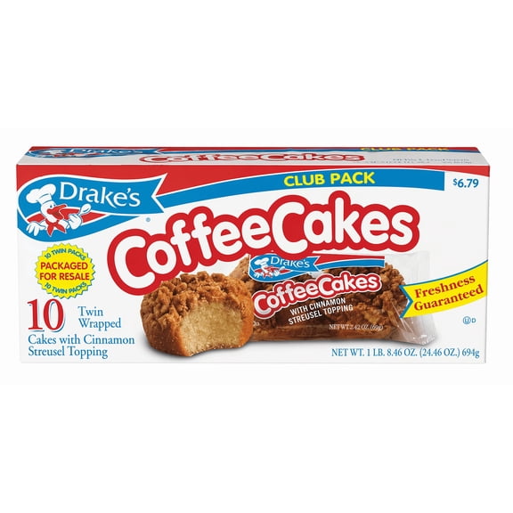 Coffee Cakes Cinnamon Streusel Snack Cakes, Club Pack 10 Count Twin Wrapped Soft Coffee Cake Treats