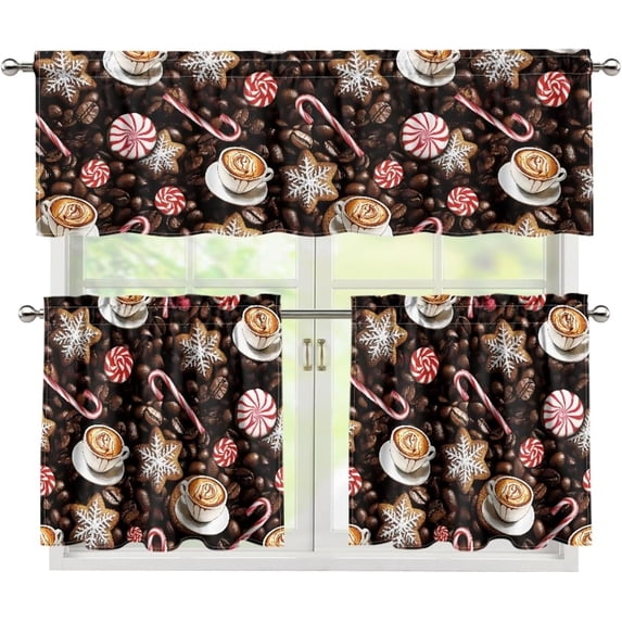 Coffee and Cane Candy Kitchen Curtain Valance and Tiers Set of 3 Coffee Theme Farmhouse 24 Inch Length Tier Curtains Kitchen Decor Blackout Drape Window Curtain,Size S