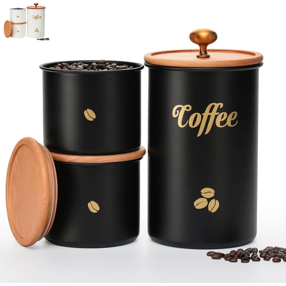 Coffee Canister, 3 pack 2 lb/12 oz/12 oz Large Airtight Coffee Bean Storage Container, Caf Grounds Container, Cafe Jar Cafe Holder, Food Storage Container for Flour, Sugar, Tea (Black)