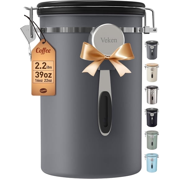 Coffee Canister, 39OZ Large,Airtight Stainless Steel Food Storage Container for 2.2lbs Beans,Ground,Sugar,Espresso,Rice,Tea,Flour,Cereal,Cookie,Lids,Jars,Gifts,Scoop,Kitchen Bar Accessories,Gray