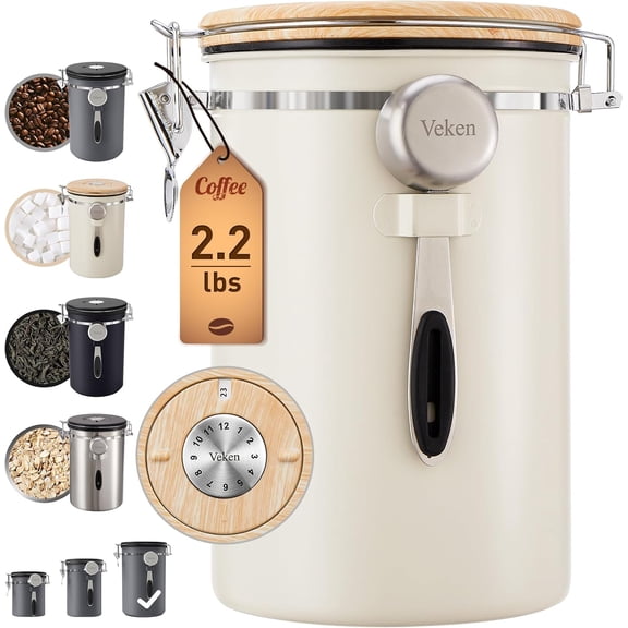 Coffee Canister, 39OZ Large, Airtight Stainless Steel Food Storage Container for 2.2lbs Coffee Beans, Ground, Sugar, Tea, Flour, Cereal, Kitchen Bar Accessories with Date Tracker & Scoop, Cream