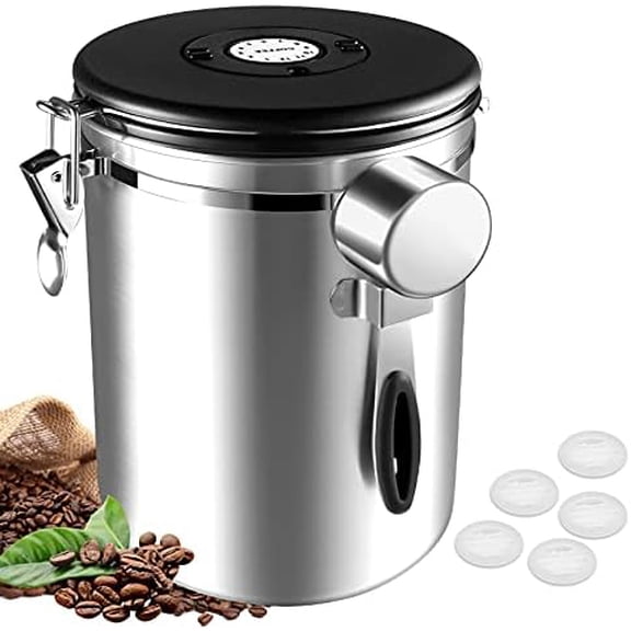 Coffee Canister Airtight 35OZ Large, Coffee Storage Container Stainless Steel Air Tight Coffee Jar with Scoop, Date Tracker and CO2 Release Valve for Beans, Ground, Tea, Flour, Cereal and Sugar, 2.8L