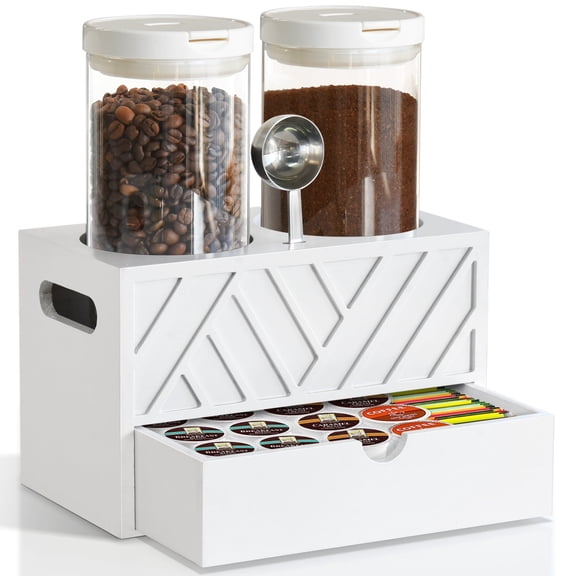 Coffee Bean, Grounds, Sugar Organizer With 2 Glass Jars and Airtight Lids