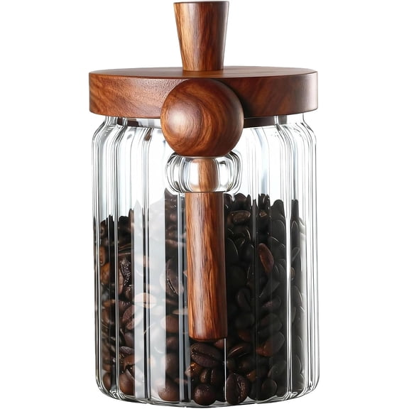Coffee Canister, Coffee Container with Wooden Spoon and Lid, Ribbed Design, Airtight Storage Jar for Coffee Beans/Coffee Grounds/Sugar/Salt/Loose Leaf Tea, 20 Oz