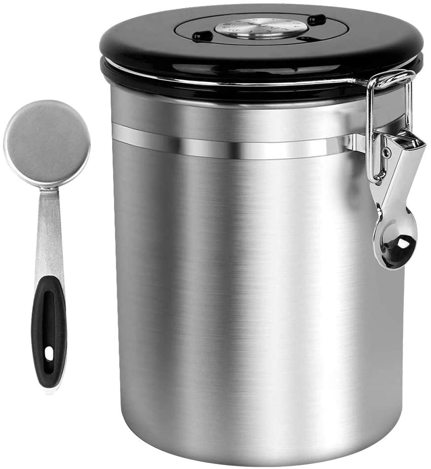 Coffee Canister, Large 22 oz. Stainless Steel Airtight, Silver