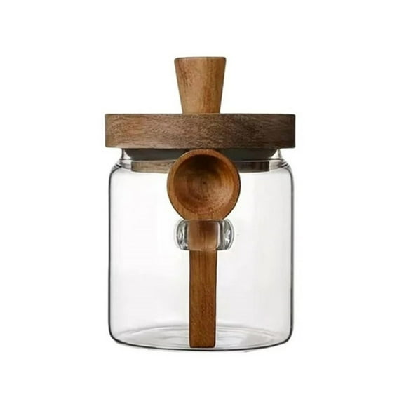 Coffee Canister Sea Salt Container Spice Jar with Spoon Glass Storage Jar with Wooden Lid Decorative Countertop Airtight and Transparent Kitchen Container (3.54"x3.74")
