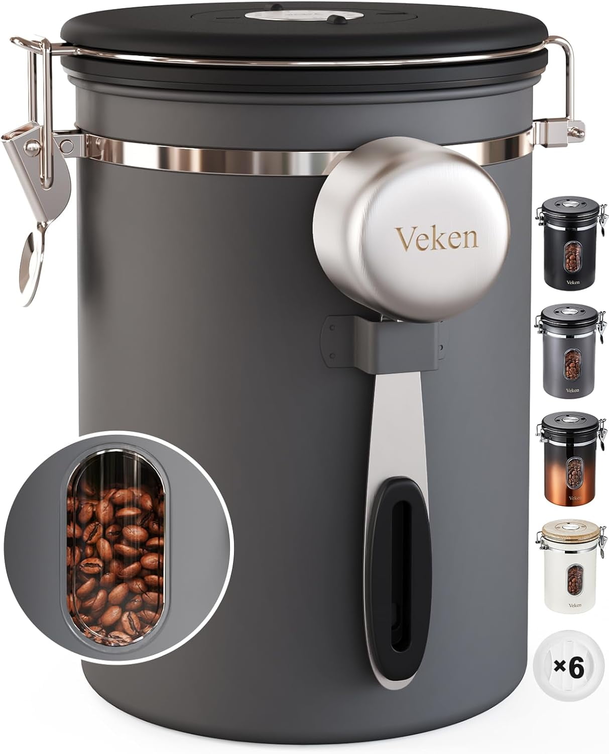 Coffee Canister with Window,Airtight Stainless Steel Kitchen Food Storage Container, Date Tracker & Scoop for Grounds Coffee, Beans, Tea, Flour, Cereal,Sugar,22OZ,Grey