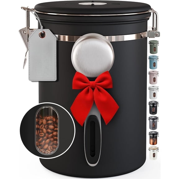 Coffee Canister with Window, Airtight Stainless Steel Kitchen Food Storage Container with Lids, Date Tracker and Scoop for Grounds Coffee, Beans, Tea, Flour, Cereal, Sugar Jars, 16OZ, Black