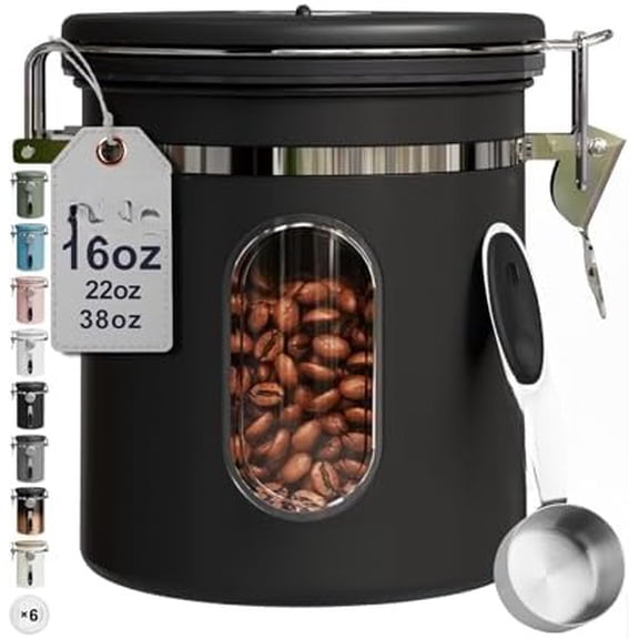 Coffee Canister with Window, Airtight Stainless Steel Kitchen Food Storage Container with Lids, Date Tracker and Scoop for Grounds Coffee, Beans, Tea, Flour, Cereal, Sugar Jars, 16OZ, Black