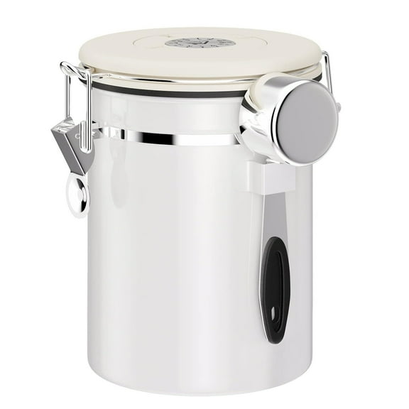 Coffee Canisters Airtight Coffee Bean Storage Container Kitchen Stainless Steel Food Storage Container with Scoop Date Tracker & CO2 Valve 1800ML - White